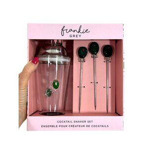 Frankie Grey Cocktail Shaker Set Glass Green Olive Accents Barware Bartender 7”